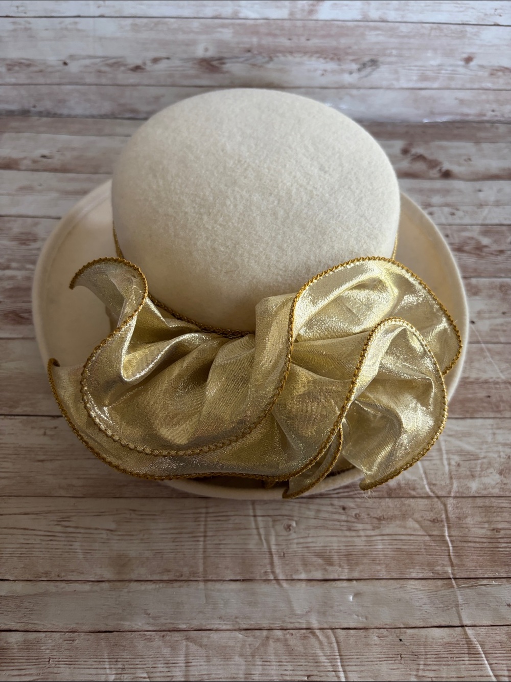 Vintage Ivory Dress Hat with Gold Ribbon Accent - Picture 10 of 10